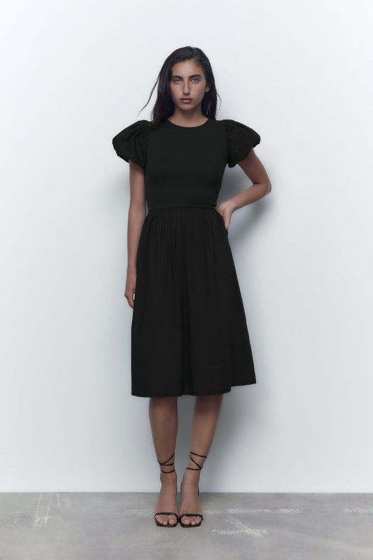 Zara Black Puff Sleeve Midi Dress - Large