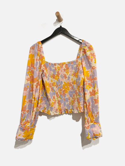 Free People Yellow Floral Smocked Blouse - Large