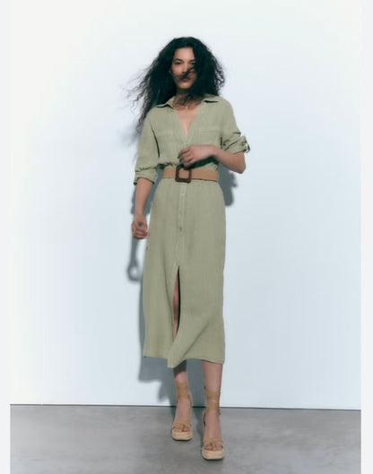 Zara Green Maxi Shirt Dress w/Belt - Medium