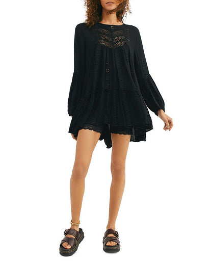 Free People Kiss Kiss Lace Inset Tunic in Black - Small