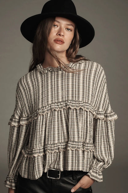 Anthropologie Pilcro Tan and Black Stripe Ruffle Blouse - Medium