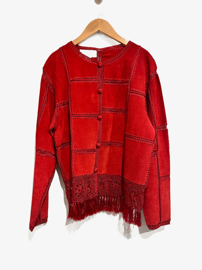 Lisa International Vintage Red Suede Fringe Patchwork Crochet Jacket - Medium