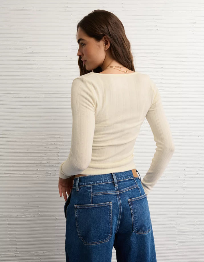 American Eagle Long Sleeve Square Neck Pointelle Top in Chalk - Small