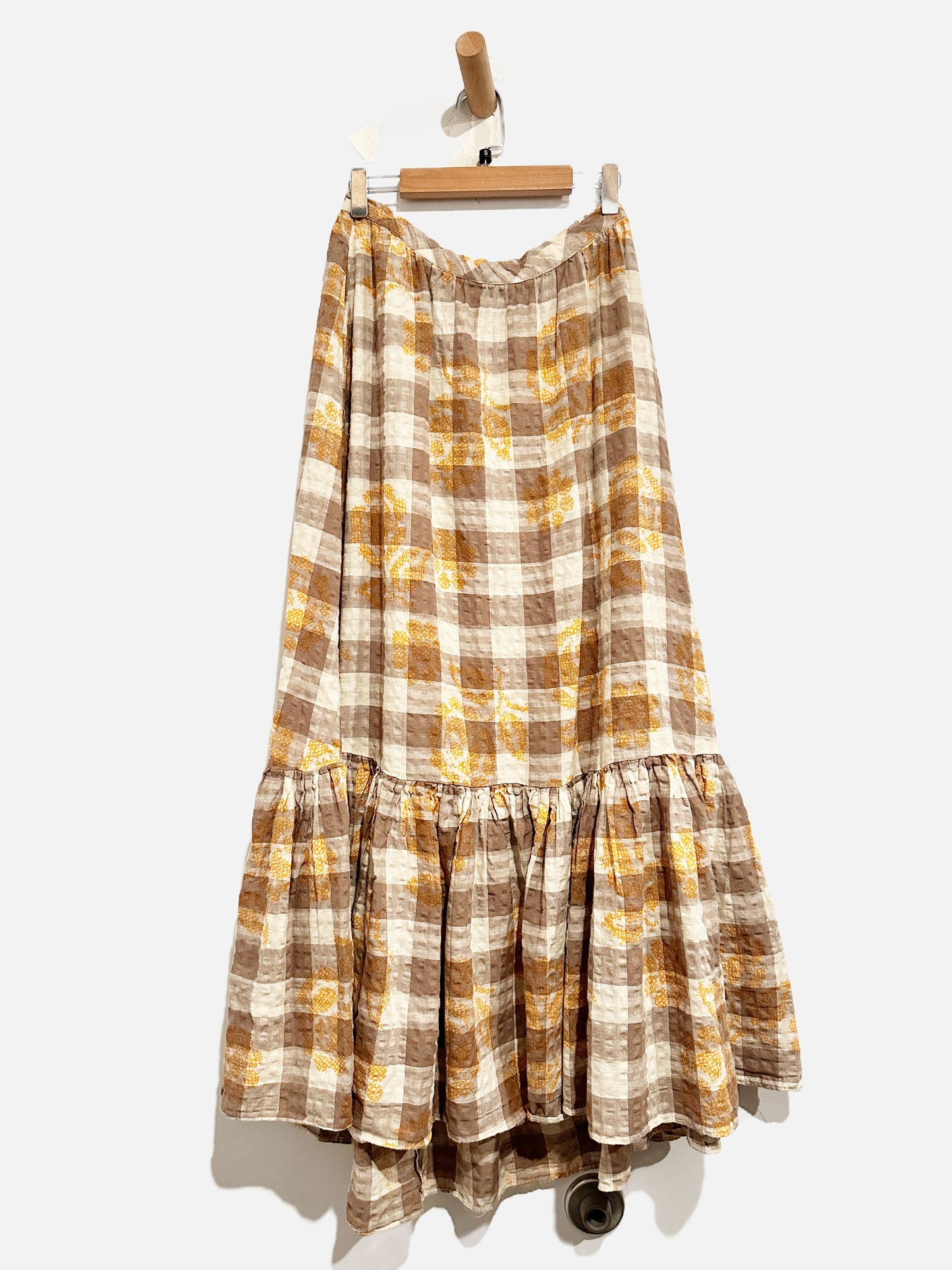 Urban Outfitters Cream & Brown Checkered Ruffle Bottom - Small