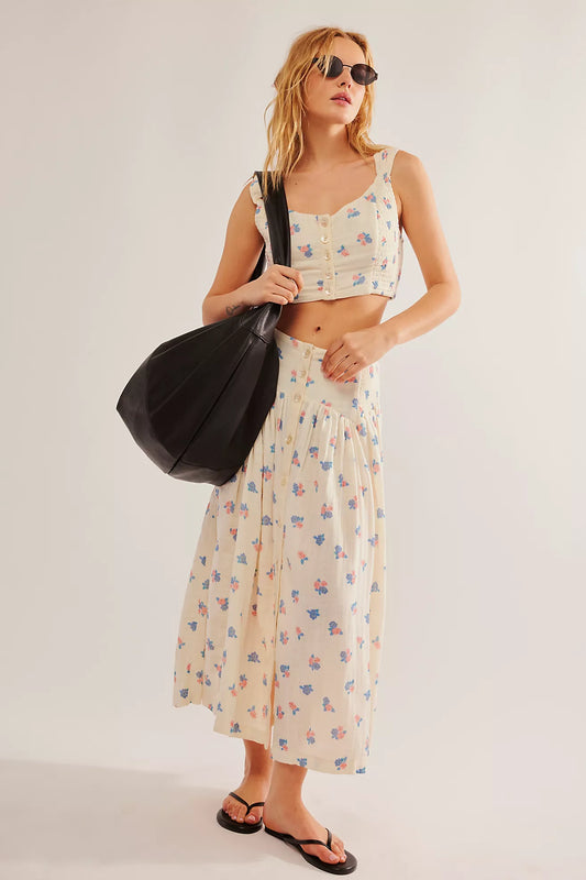 Free People White Floral Midi Skirt - XS