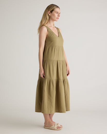 Quince Organic Cotton Gauze Tiered Maxi Dress in Artichoke - Large