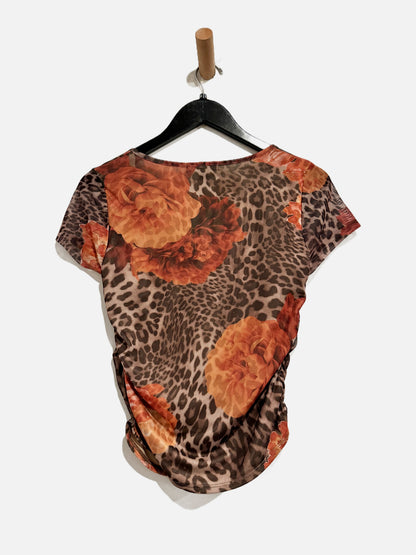 Lulus Adamina Brown Leopard and Floral Print Mesh Short Sleeve Top - Medium