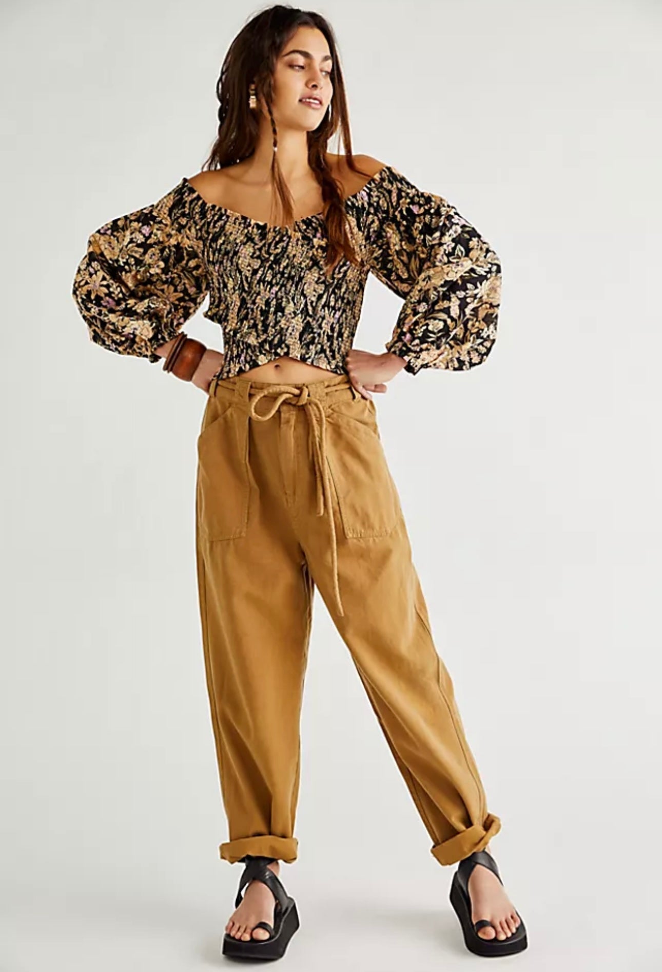 Free People Black Floral Smocked Wrap Top - Small