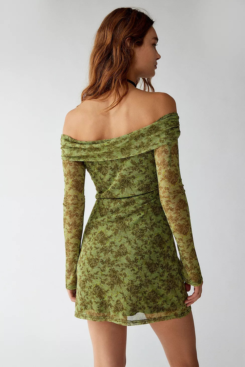 Urban Outfitters Isla Green Floral Off-The-Shoulder Mini Dress - Medium