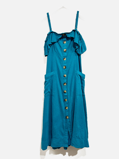 Anthropologie Blue Linen Blend Button Front Midi Dress - 10