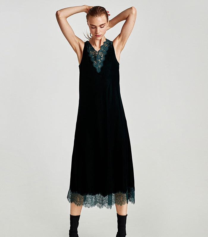 Zara Woman Green Velvet Midi Slip Dress - Medium