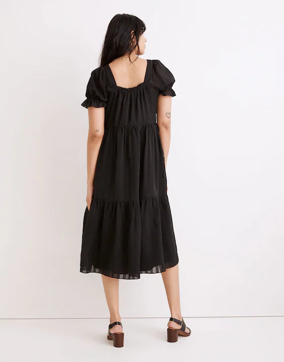 Madewell Square-Neck Tiered Midi Dress in Textured Seersucker True Black - Medium