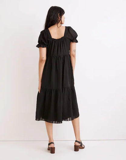 Madewell Square-Neck Tiered Midi Dress in Textured Seersucker True Black - Medium