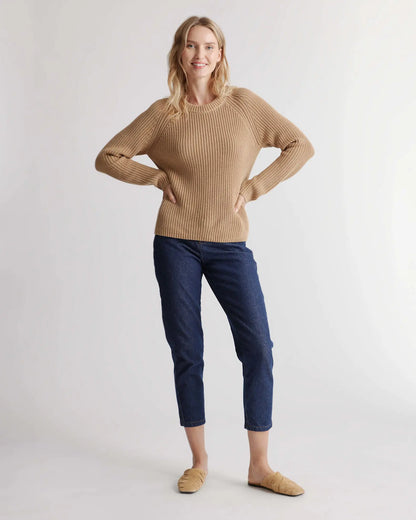Quince Cotton Fisherman Crew Sweater in Camel - Small