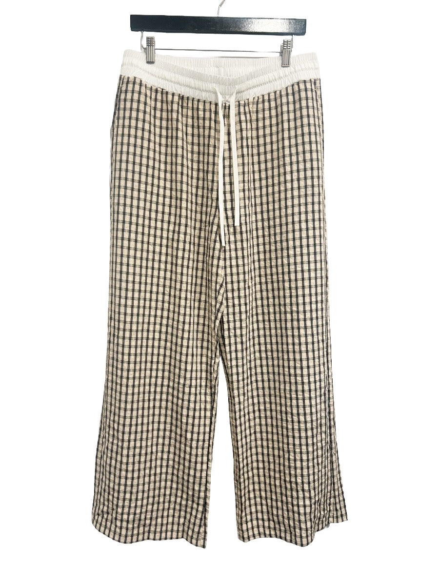 Halara Mid Rise Drawstring Wide Leg Baggy Pants in Oatmeal Khaki Plaid - Large