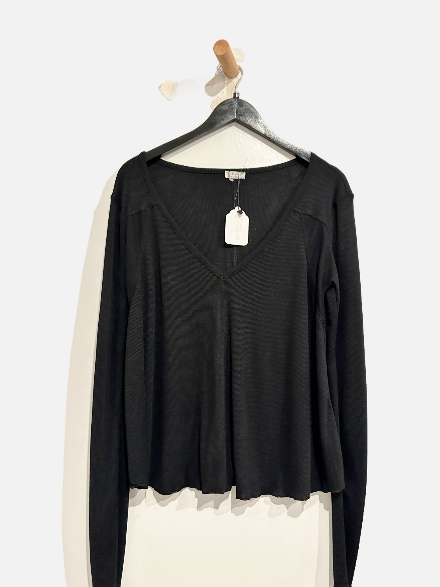 Free People Black Ribbed V-Neck LS - Small