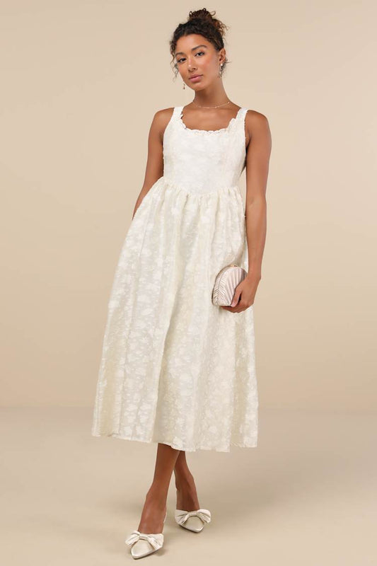 Lulus Immaculate Elegance Cream Jacquard Lace-Up Midi Dress - XS