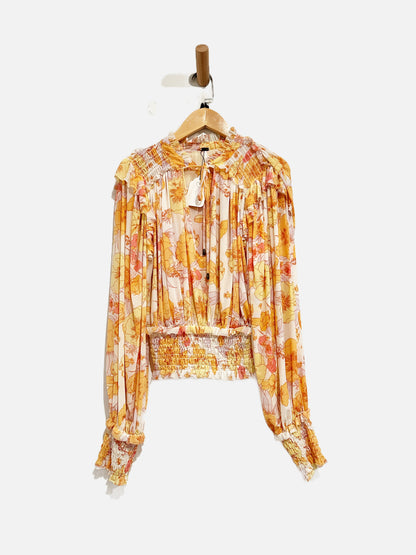 Free People Twilight Sheer Floral Blouse Orange - Medium