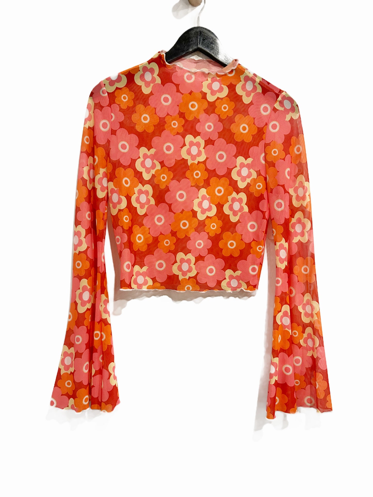 Pink Mesh Floral Bell Sleeve Top