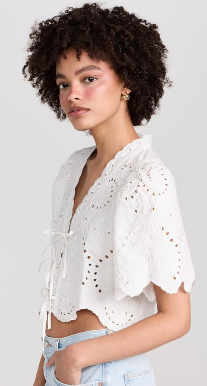 Moon River White Eyelet Tie Front Blouse - Medium