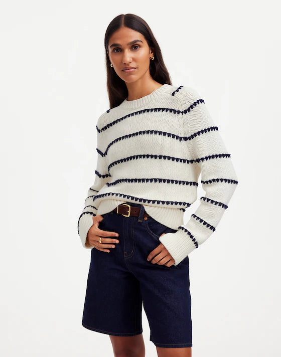 Madewell Textured Cotton Crewneck Sweater in Bright Ivory Navy Stripe