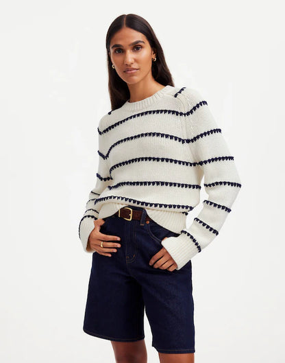 Madewell Textured Cotton Crewneck Sweater in Bright Ivory Navy Stripe