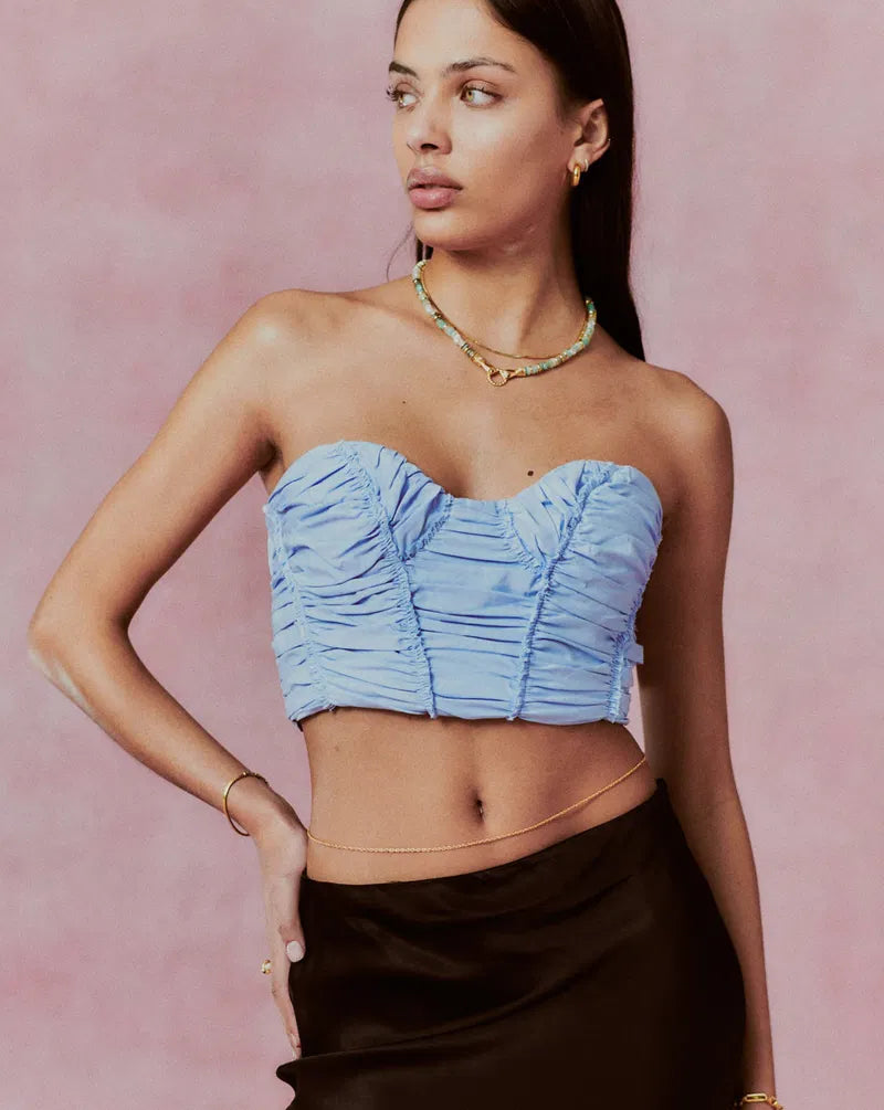 Zara Blue Ruched Strapless Corset Top - Small