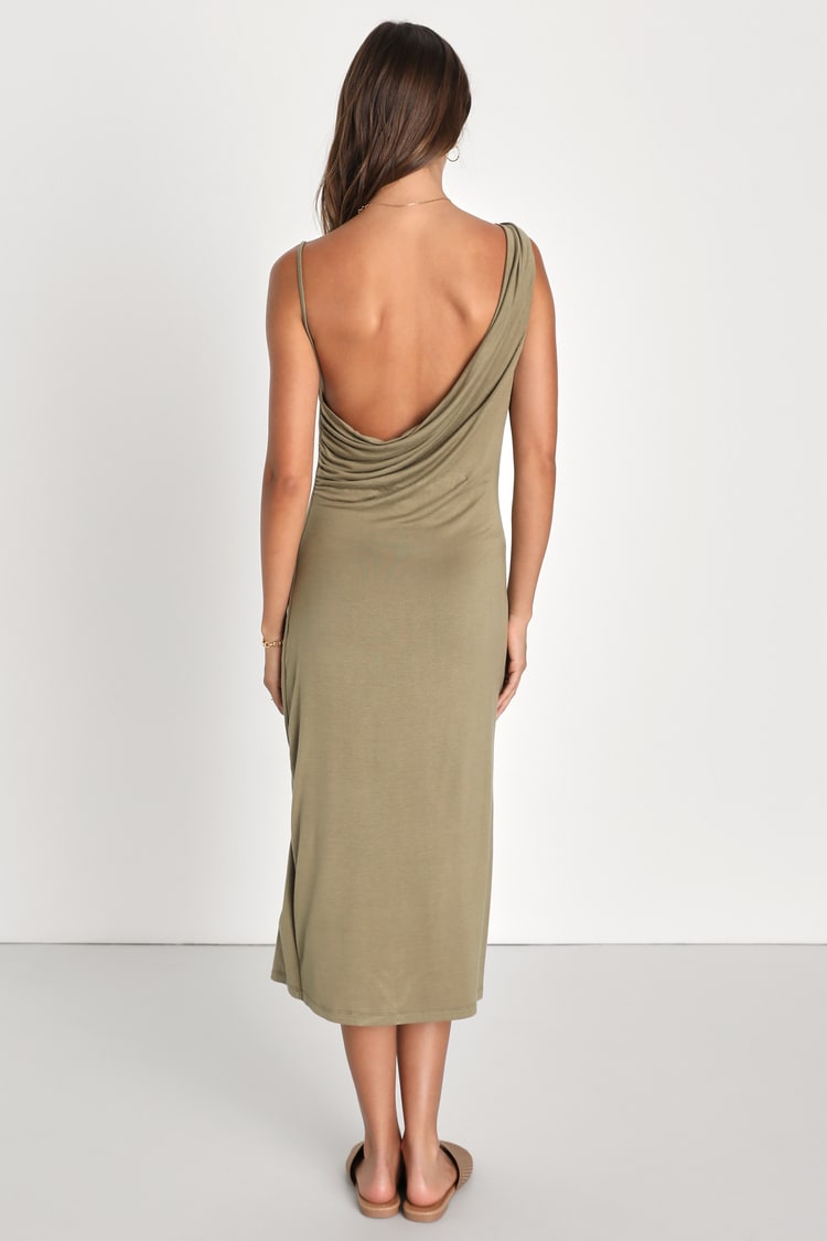 Lulus My Best Side Olive Green Asymmetrical Cowl Neck Midi Dress - Large