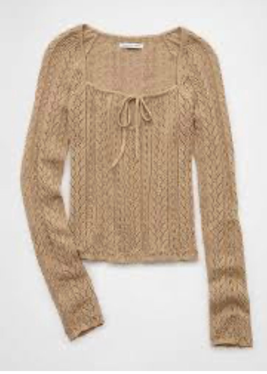 American Eagle Brown Crochet LS Top - XL