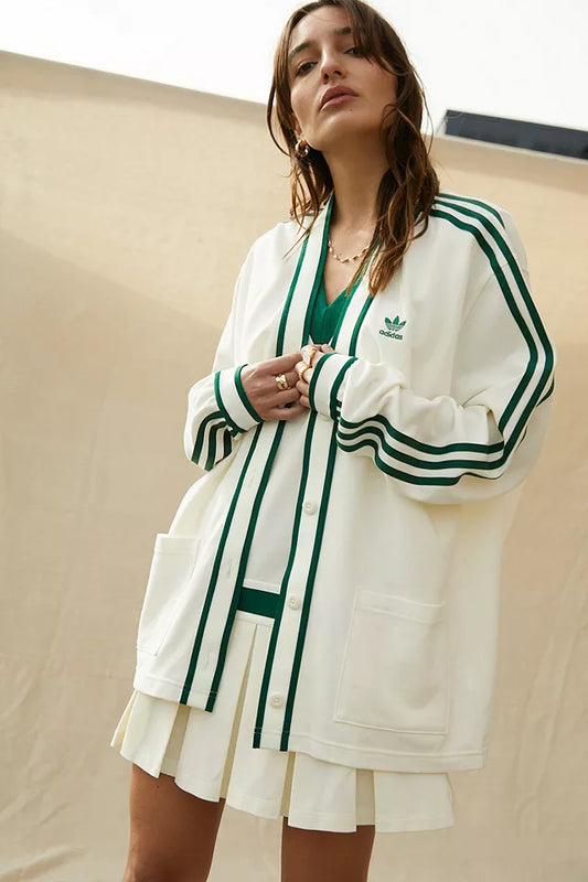 Adidas White and Green Cardigan - Small