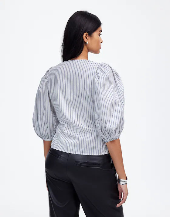 Madewell Puff-Sleeve Button-Up Top in Dark Blue And White Stripe - 4