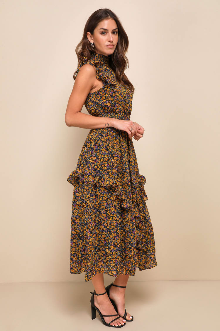 Lulus Evalina Mustard Yellow Floral Print Mock Neck Midi Dress - Medium