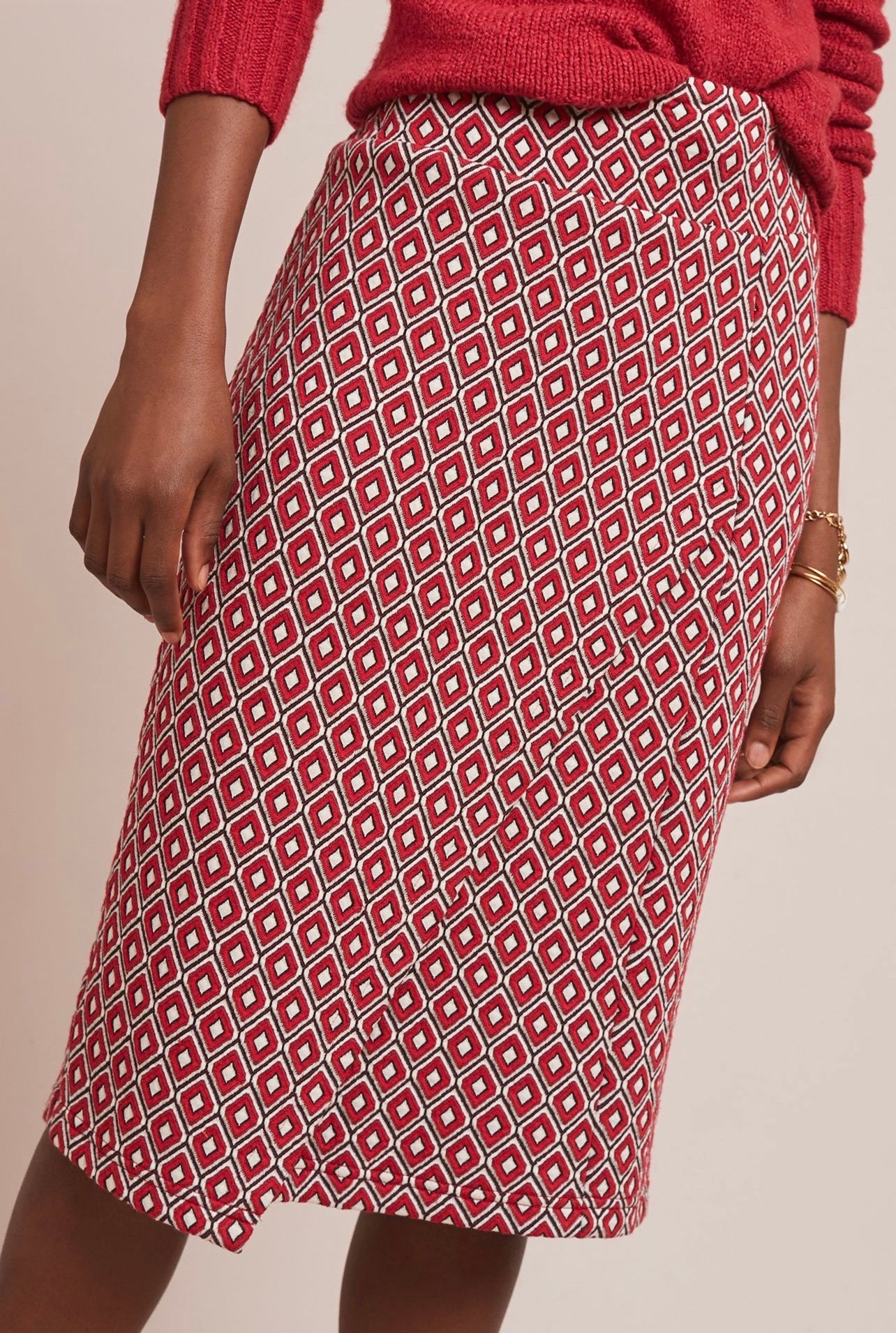 Anthropologie Maeve Wiles Red Pattern Pencil Skirt - Small