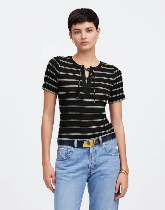Madewell Ribbed Lace-Up Short-Sleeve Tee in Jet Black - XXS