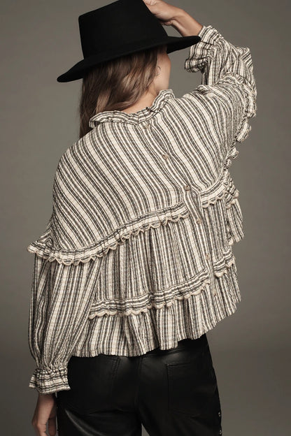 Anthropologie Pilcro Tan and Black Stripe Ruffle Blouse - Medium
