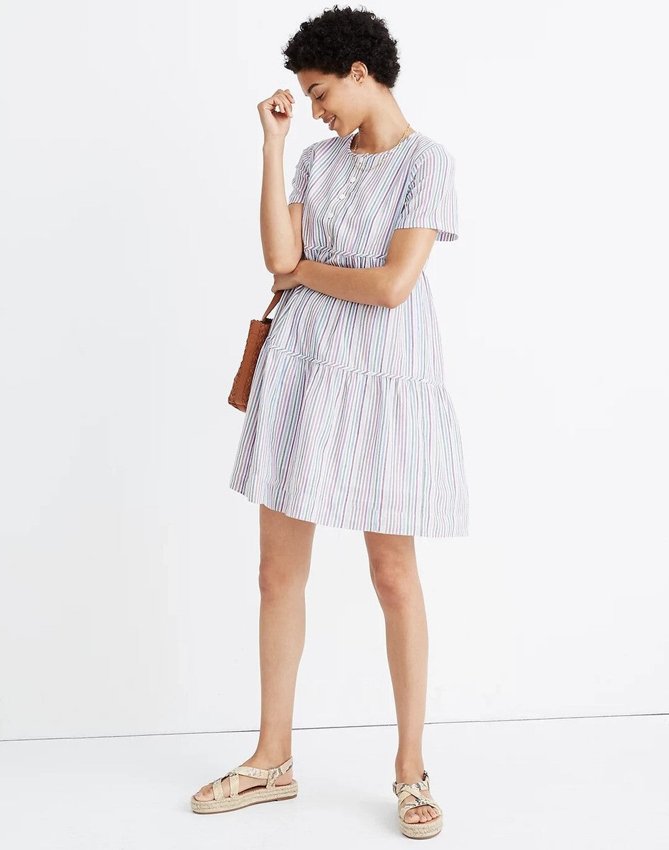 Madewell Striped Button-Front Tiered Mini Dress - XS