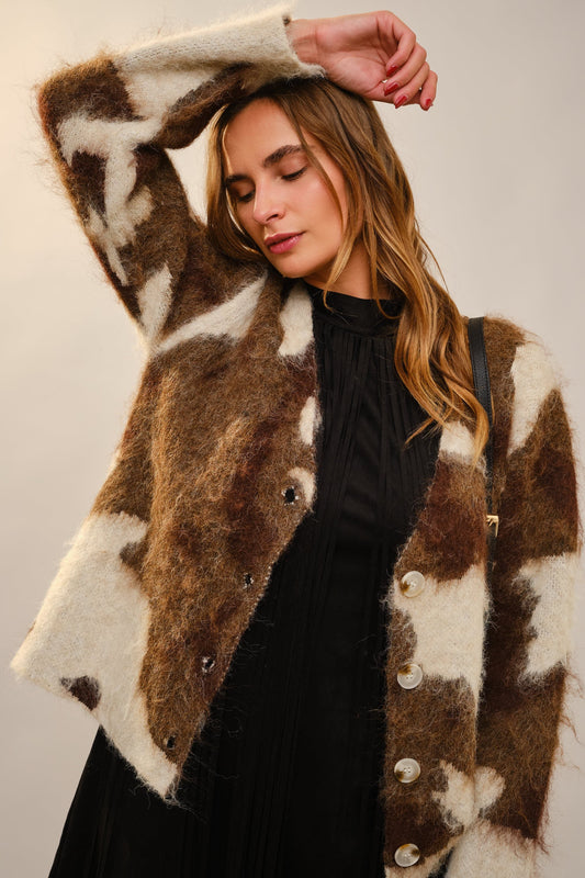 Blueb. Brown Cow Print Cardigan - Small