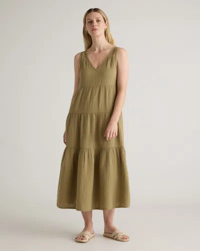 Quince Organic Cotton Gauze Tiered Maxi Dress in Artichoke - Large