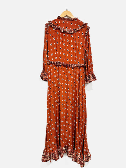 Free People Calico Skies Orange Floral Midi Dress - Small