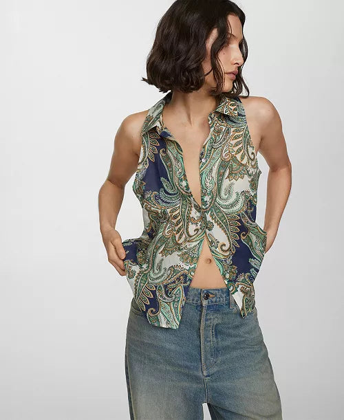 MNG Green Paisley Sleeveless Button Down - 6