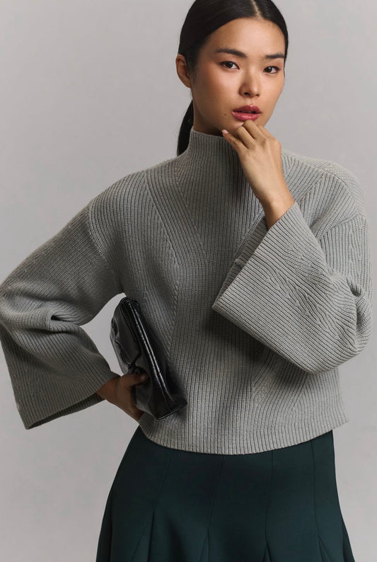 Anthropologie Maeve Katey Mock-Neck Bell-Sleeve Sweater in Grey