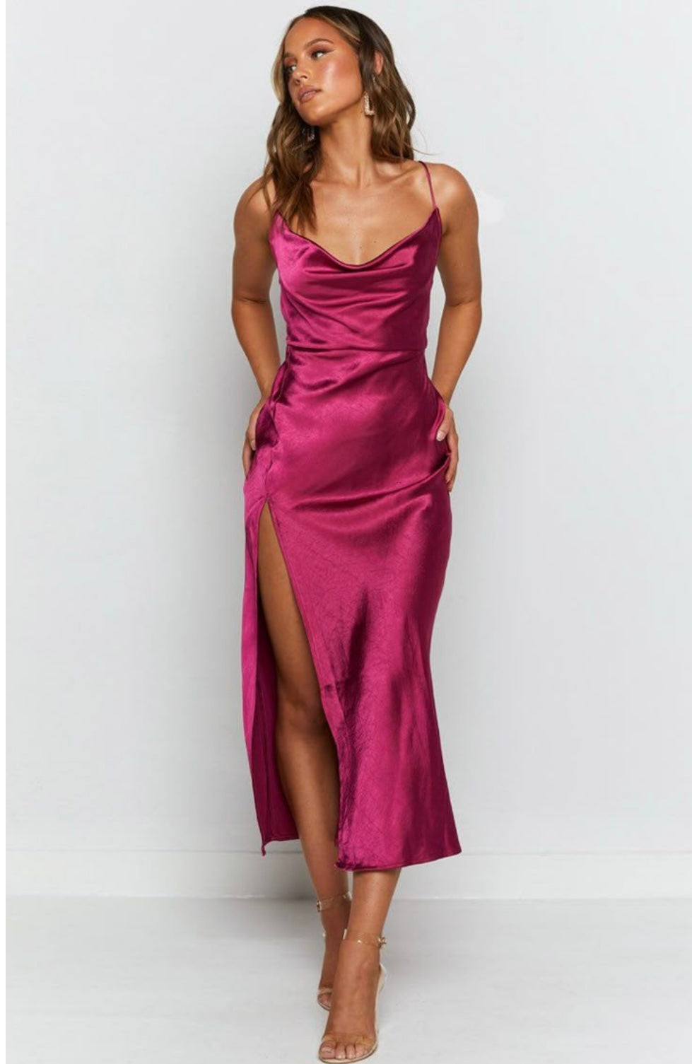 Lioness Pink Satin Slip Midi Dress - XS