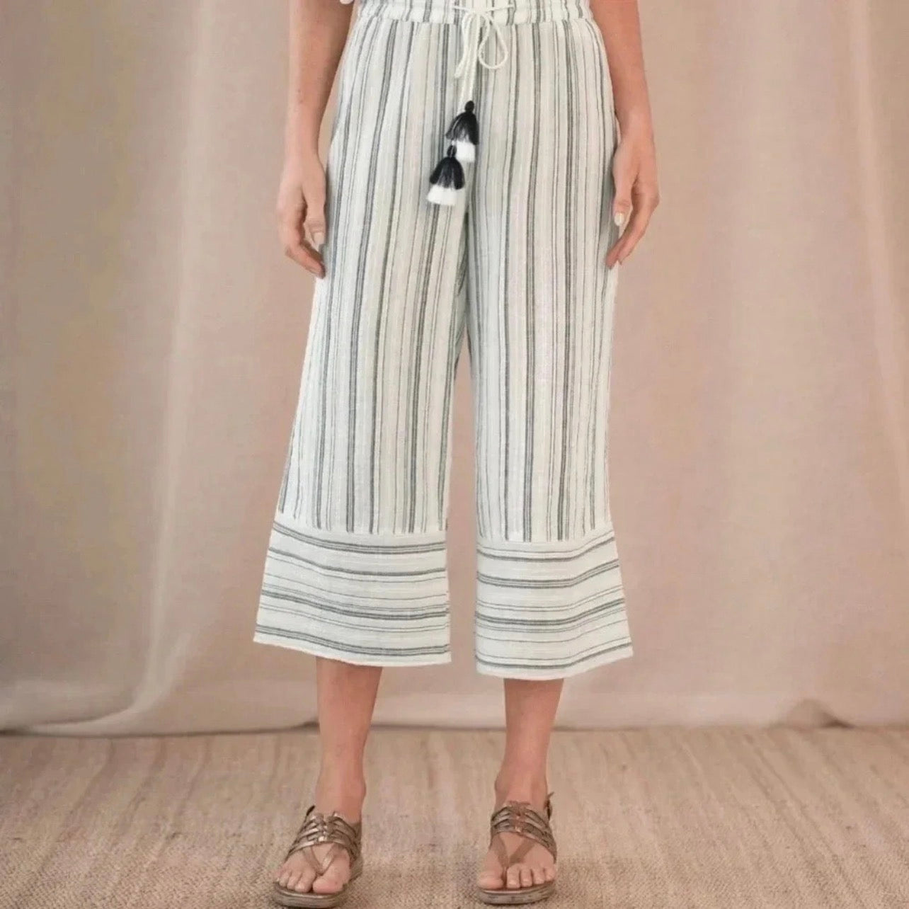 Sundance Salty Breeze Striped Wide Leg Cropped Pants - Small