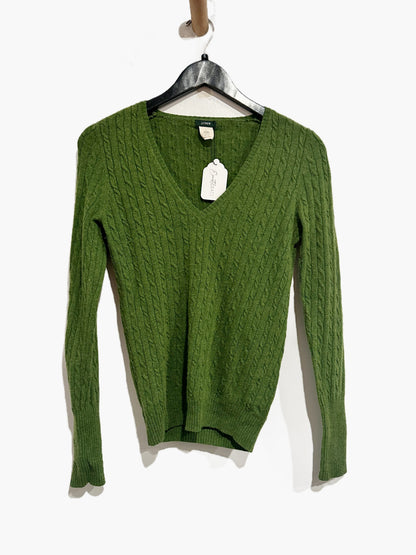 J.Crew Green Wool-Cashmere Blend V-Neck Cable Knit Sweater - Small