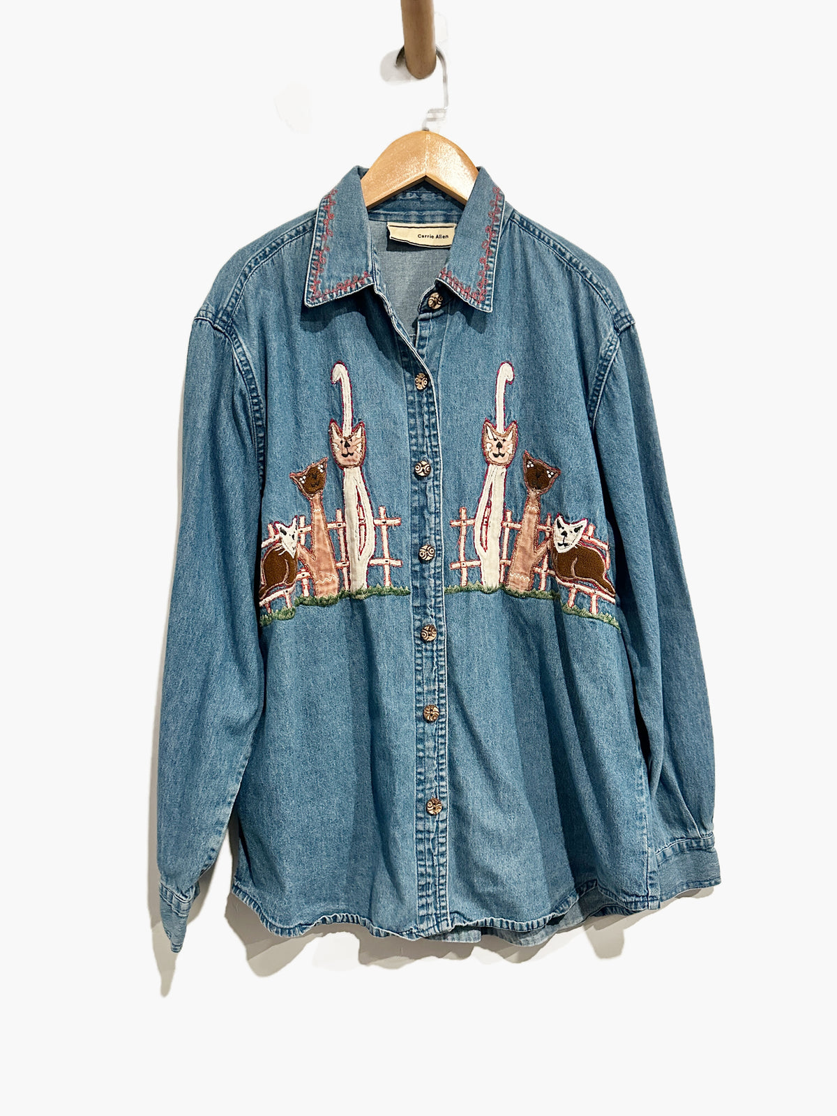 Carrie Allen Vintage Denim Cat Embroidered Button Down - Medium