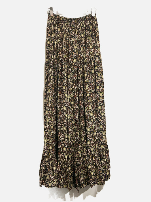 Vintage Desert West Black Western Heart Pattern Ruffle Maxi Skirt - O/S (SM)