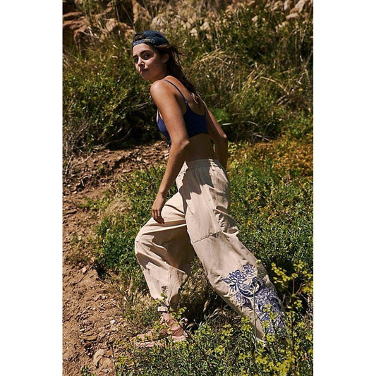 Free People Movement Tan w/Blue Embroidery Pants - Small