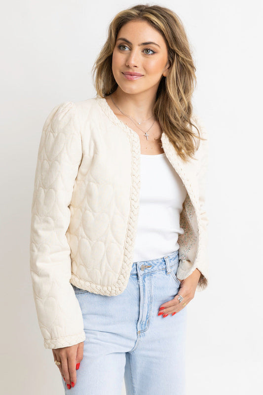 Karlie Denim Novelty Heart Stitch Jacket in Cream - Large