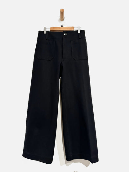 Anthropologie Maeve Colette Knit High-Rise Wide-Leg Cropped Pants in Black Onyx - 28