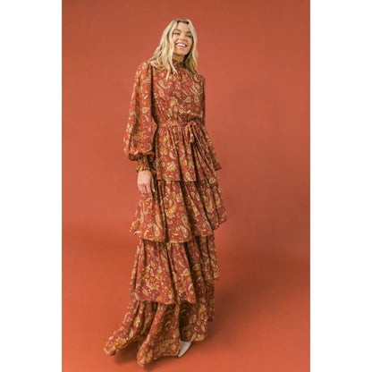 Flying Tomato Maroon and Yellow Paisley Ruffle Tiered Maxi Dress - Medium